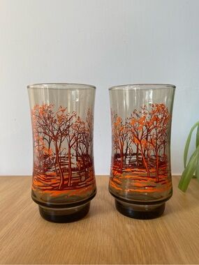 Vintage 1970s Libbey St. Clair Smoked Amber Glass Tumblers Orange Trees Set of 2